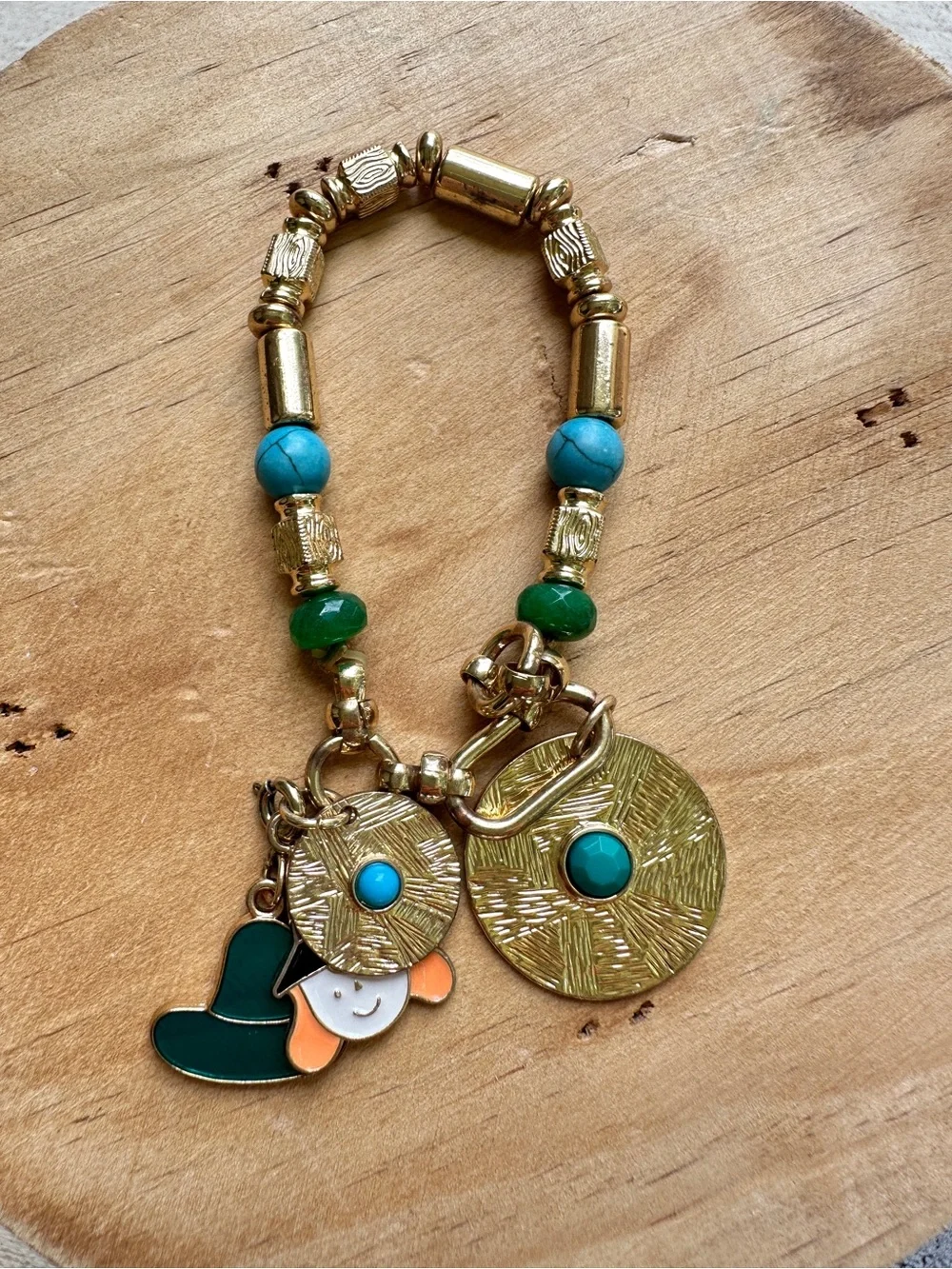 Gold-Tone Beaded Bracelet with Turquoise & Green Accents and multiple charms